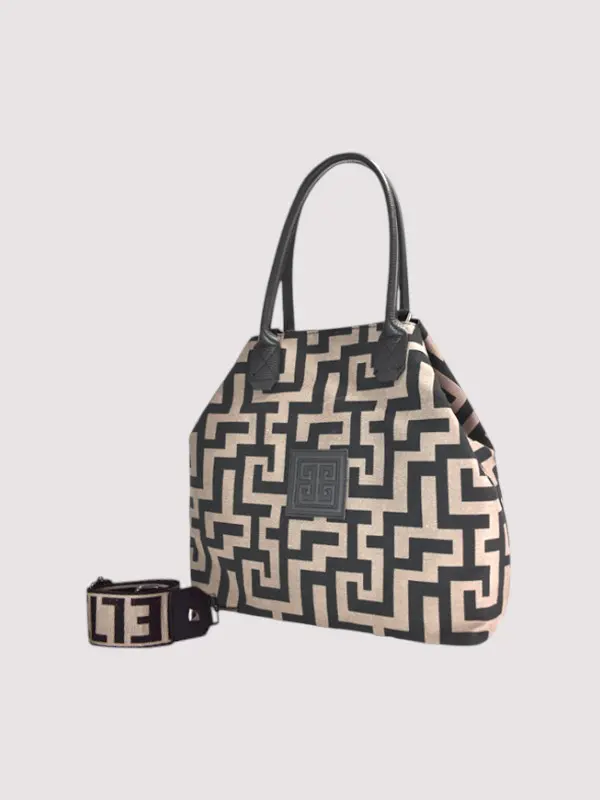 THETIS Small CLASSIC Pattern Beige/Black EL Strap Shoulder Bag