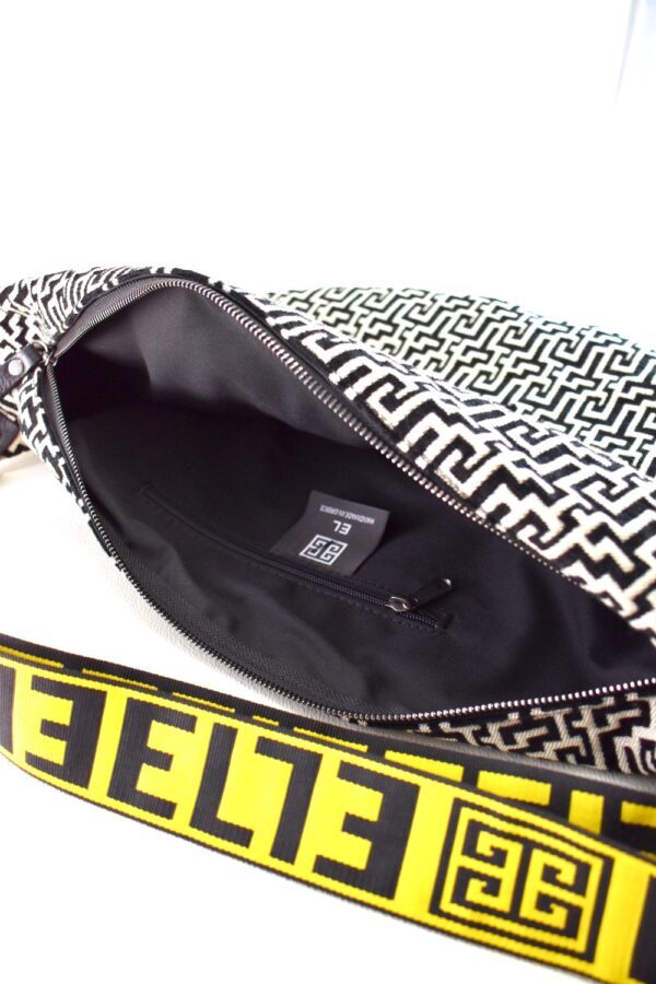 SANTORINI - Γκρι/Μαύρο Chenille - EL Κίτρινος LOGO Ιμάντας - Crossbody Τσάντα