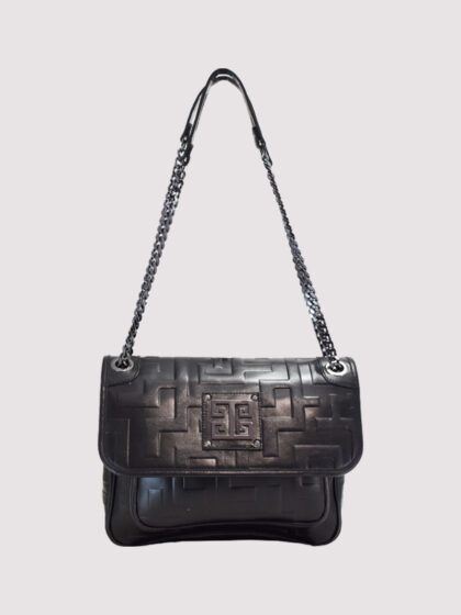 ANDROMACHI - Exclusive ΔΕΡΜΑ - Μαύρο Glossy Ανάγλυφο - Classic Pattern - Τσάντα Ώμου