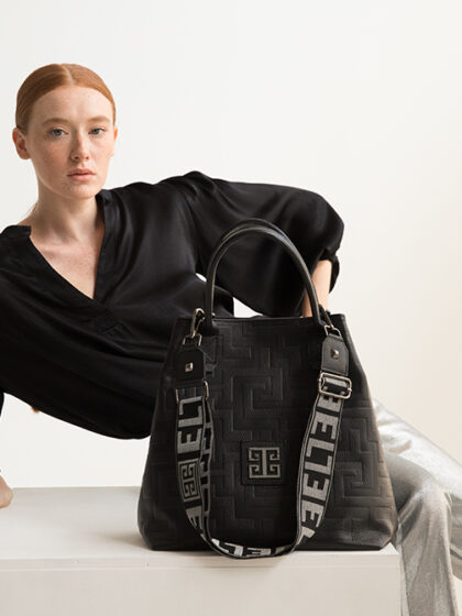 KARPO - Ανάγλυφο ΔΕΡΜΑ - CLASSIC Pattern - Mαύρο - EL Ιμάντας - Τσάντα Χειρός