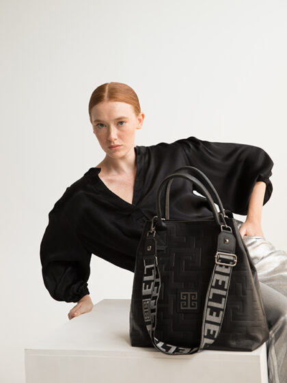 KARPO - Ανάγλυφο ΔΕΡΜΑ - CLASSIC Pattern - Mαύρο - EL Ιμάντας - Τσάντα Χειρός