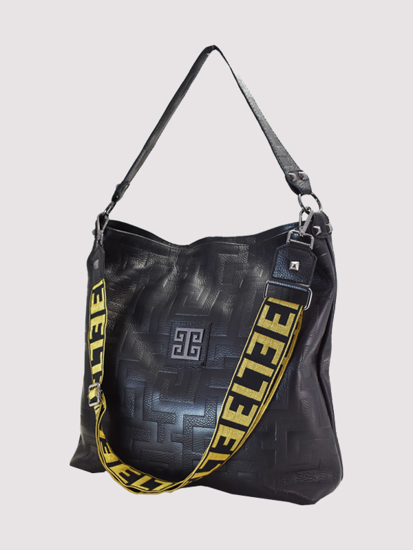 MINOS - Ανάγλυφο ΔΕΡΜΑ - CLASSIC Pattern - Μαύρο - EL Μαύρο/Χρυσός Ιμάντας - Hobo Τσάντα