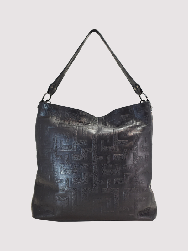 MINOS - Ανάγλυφο ΔΕΡΜΑ - CLASSIC Pattern - Μαύρο - EL Μαύρο/Χρυσός Ιμάντας - Hobo Τσάντα