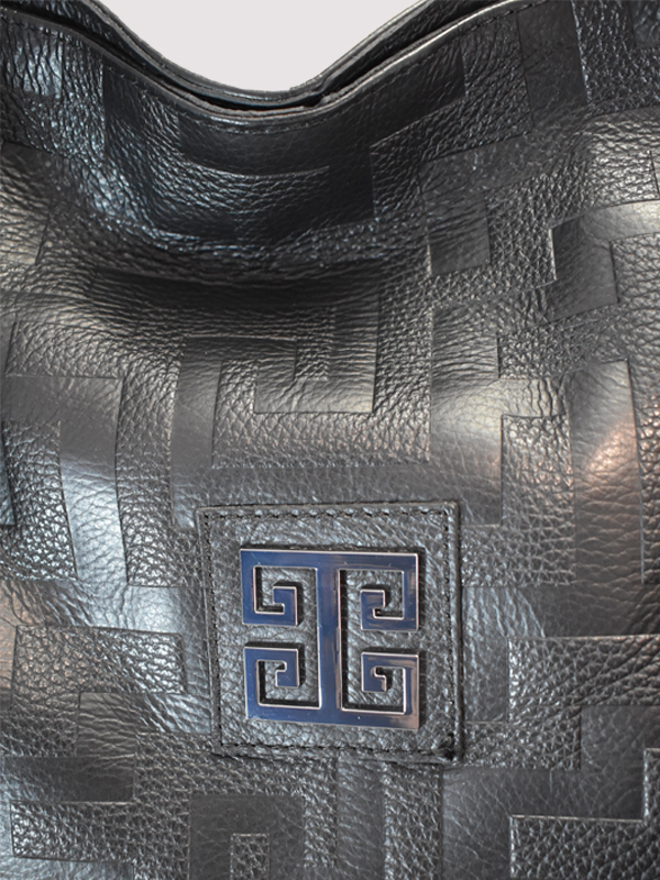 MINOS - Ανάγλυφο ΔΕΡΜΑ - CLASSIC Pattern - Μαύρο - EL Μαύρο/Χρυσός Ιμάντας - Hobo Τσάντα