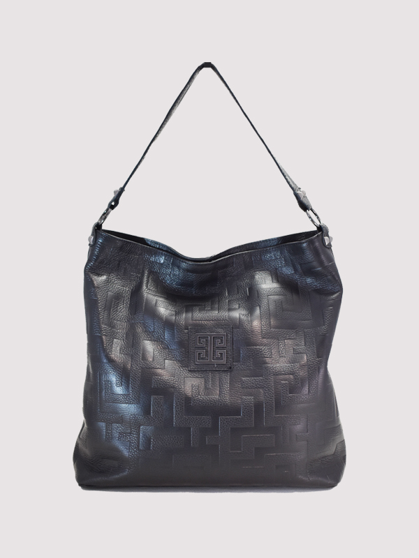 MINOS - Ανάγλυφο ΔΕΡΜΑ - CLASSIC Pattern - Μαύρο - EL Μαύρο/Χρυσός Ιμάντας - Hobo Τσάντα