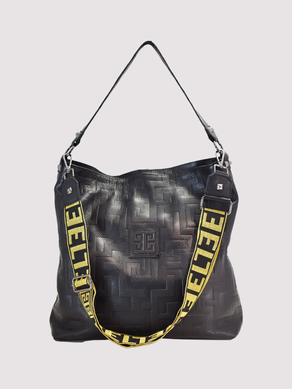 MINOS - Ανάγλυφο ΔΕΡΜΑ - CLASSIC Pattern - Μαύρο - EL Μαύρο/Χρυσός Ιμάντας - Τσάντα Ώμου