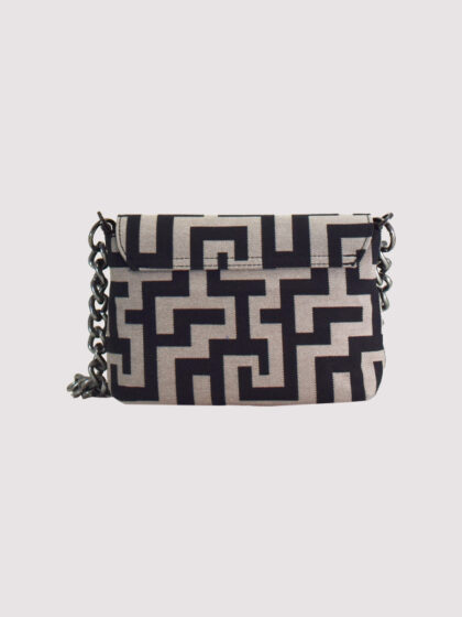 OURANOS - CLASSIC Pattern - Εκρού Διαγωνάλ/Μαύρο - Αλυσίδα - Τσάντα Ώμου