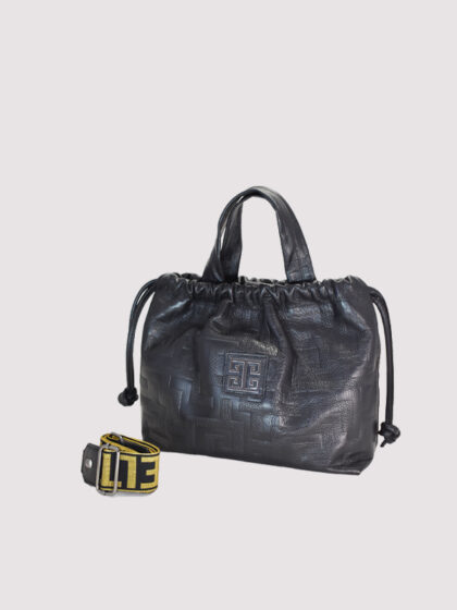 SOFIA - LEATHER - Embossed CLASSIC Pattern - Μαύρο - EL Χρυσό/Μαύρος Ιμάντας - Τσάντα Χειρός