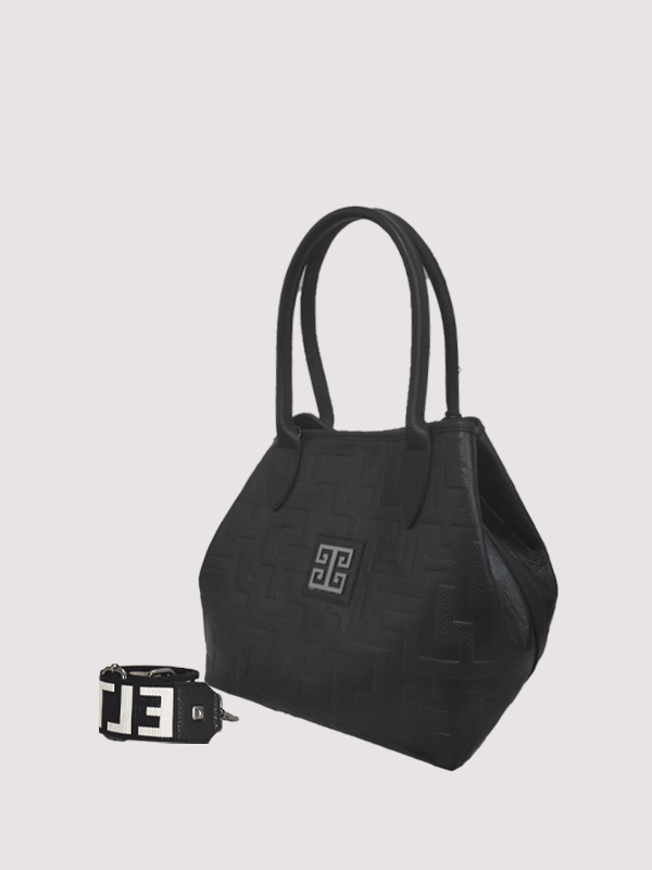 EMMELIA - Ανάγλυφο ΔΕΡΜΑ - CLASSIC Pattern - Μαύρο - EL Ιμάντας - Τσάντα Ώμου