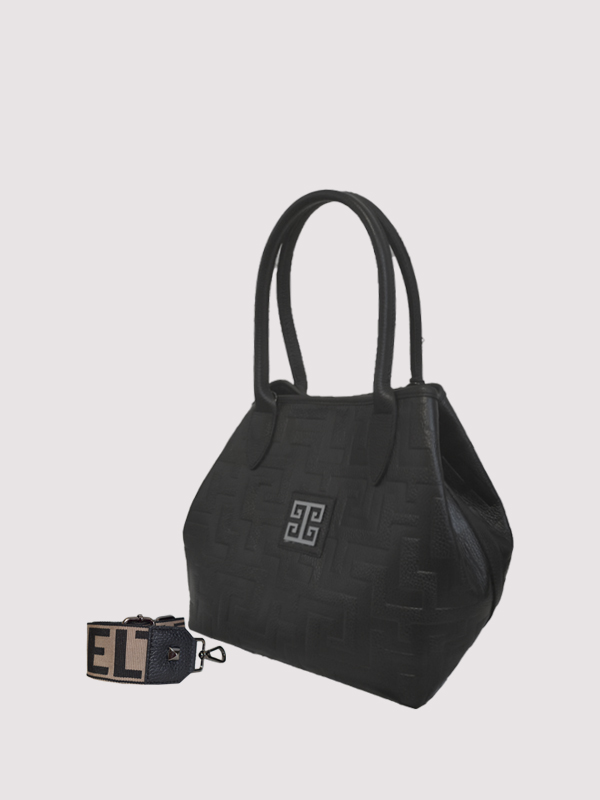 EMMELIA - Ανάγλυφο ΔΕΡΜΑ - CLASSIC Pattern - Μαύρο - EL Ιμάντας - Τσάντα Ώμου