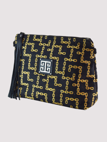 NEFELI - CHAINS Pattern - Μόκα Lurex/Μαύρο - EL Strap - Τσάντα Χιαστί